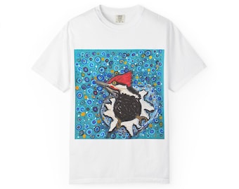 Woodpecker Pop Art T-shirt | Colorful Bird Illustration, Blue Dot Background