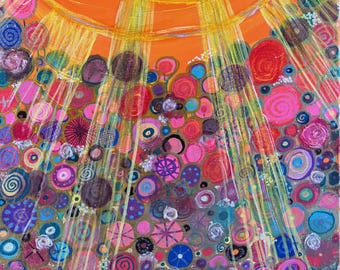 Sun Shining Over Klimt Flowers; Original Acrylic Artwork Handpainted by Wisconsin Artist; Vibrant Colors Enhance and Brighten Any Room