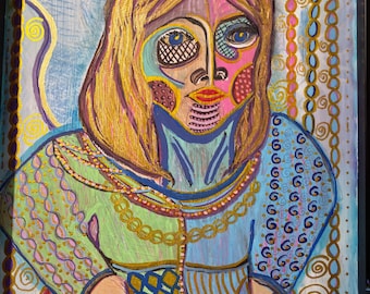 Abstract Expressionism Portrait of Woman; Detailed with Metallic Gold Highlights; Handpainted by Wisconsin Artist; Framed Upcycled Plaque