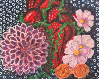 Strawberry Heart; Adorned with Polka Dots, This Still Life Has Dahlias, Clematis, and Roses; Polka Dot Background; Folk Style