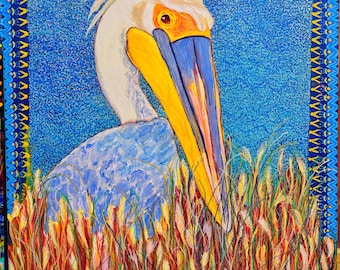 Gitchee: Lake Superior Pelican; Large Acrylic Original Painting on Stretched canvas; Pointillist Background and Decorative Folk Style Border
