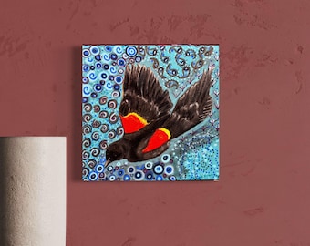 Red Wing Blackbird In Flight: 10"x10" Wall Art; Highly Detailed Background in Folk Style; Handpainted by Disabled Artist in Wisconsin