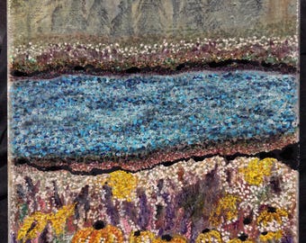 Landscape of a Creek; Wall Art Handpainted by Wisconsin Artist; Pointillism in Acrylic; Wildflower Meadow Line the Edges of Creek; Pine Tree