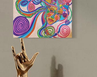 Fantasy Muse: Vibrant and Festive Face Surrounded by Ribbons of Abstract Details Handpainted on Heavyweight Paper by Disabled Artist
