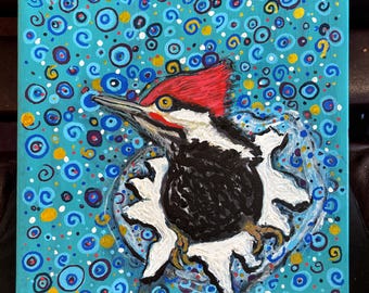 Pileated Woodpecker Art: Expressionist Acrylic Painting on Canvas