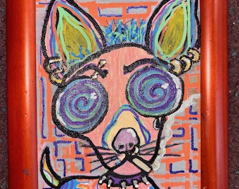 Trippy psychedelic chihuahua with swirl eyes acrylic street art Unframed painting on canvas; punk rock with tattoos, Mohawk & piercings