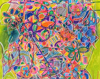 Neon Garden Explosion; Original Abstract Painting On Heavyweight Paper; Handpainted by Disabled Artist