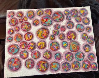 Circles of Color; Impasto Acrylic Artwork Handpainted by Santa Fe Artist Corey Taylor; Circles of Abstract Designs Surrounded by Lavender