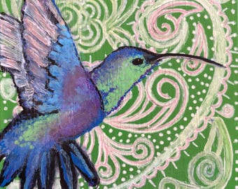 Paisleys and Hummingbird; Original Acrylic Artwork Handpainted by Disabled Artist; Wood Box Can Sit on Table or Hang on Wall; Boho Vibe Gift