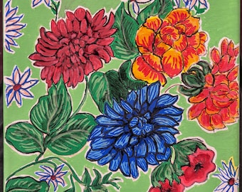 Original Painting of Mexican Oilcloth; Handpainted by Former Resident of New Mexico; Vibrant Colors Often Seen on Tablecloths in Restaurants