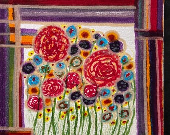 Bouquet of Flowers; Surrounded with Abstract Design and Bright Colors; Created by Wisconsin Artist; Modern Home Decor; Nature Theme; Gift