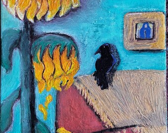 Kansas Girl Loves Sunflowers and Cats and Crows and Comfy Blankets; Original Acrylic Artwork Handpainted Former Kansas Jayhawk