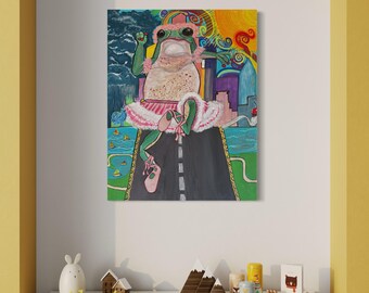 Freya Frog Protest Dance; Painting & Story; Stormy Sky to Sunny Bright Days in Minneapolis; Large Original Painting to Honor Protesters