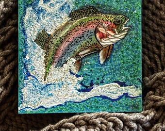 Rainbow Trout; Expressionist Original Painting Gift 4 Fishing Sportsman; Wall Art or Tabletop; Water Splash; Disabled Artist from Wisconsin