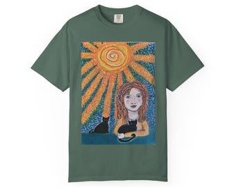 Op Van Gogh geïnspireerd T-shirt zonnestraalportret met katten | Grillige zonkunst, meisje met kat