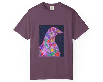 Floral Bird T-Shirt | Folk Art Songbird Illustration, Garment-Dyed Cotton Tee