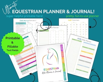 HORSE プランナー & ジャーナル、印刷可能な乗馬プランナー、馬場馬術ジャーナル、37 ページ - 12 編集可能、エクササイズ | アリーナ図 | レッスン + クリニック ノート