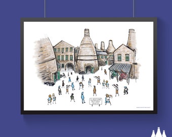 May include: A watercolour illustration of a pottery factory with a group of people walking around. The factory is made of brick and has a large chimney. The people are wearing different coloured clothes. The sign reads "Claystone Pottery Museum".