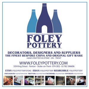 May include: A logo for Foley Pottery, a company that makes bespoke china and original giftware. The logo features three blue pottery kilns and the text "FOLEY POTTERY". The company's website, address, and social media handles are listed below the logo.