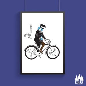 May include: A black and white illustration of a person riding a bicycle. The person is wearing a blue and white scarf and a hat. The bicycle has a black frame and white tires. The background is white.