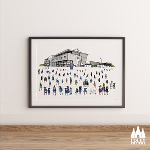 May include: A black and white illustration of a stadium with a crowd of stick figures in front of it. The stadium is labelled "AJ Bell Stadium".