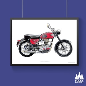 Könnte beinhalten: Eine Schwarzweiß-Zeichnung eines roten 1968 Matchless G2 250cc Motorrads. Das Motorrad ist im Vintage-Stil gezeichnet mit Details wie Motor und Rädern.