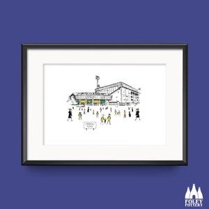 May include: A black and white line drawing of a stadium with a sign that reads "Carrow Road".  The stadium is surrounded by small stick figures in yellow and green.