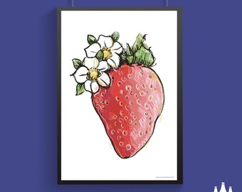 G: Strawberry, Fruit, Wildflowers, Flowers, Gardening, Gardener, Garden, inspired, Illustrated - Fine  Art Print