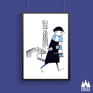 May include: A black and white line drawing of a person wearing a blue and white scarf walking past a stadium floodlight.