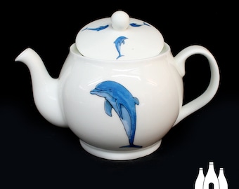 SL; Dolphin, Sealife, Ocean, Fish, Animal, Mammal - Fun Illustrated  - ( Inspired ) Tribute - Fine Bone China - Tea Pot