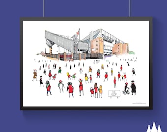Puede incluir: Una ilustración dibujada a mano de un estadio con una multitud de personas delante. El estadio está dibujado en blanco y negro, mientras que las personas están dibujadas en rojo, blanco y negro. El estadio tiene un cartel que dice "The Kop".