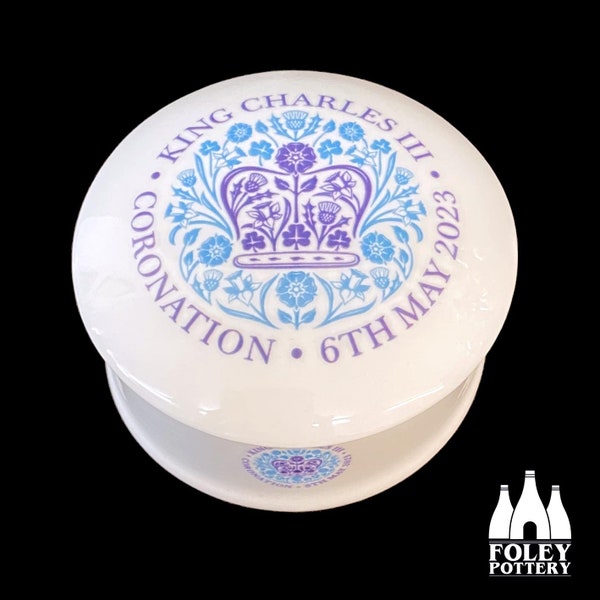 KCIII: King Charles lll, Official Coronation Emblem, Blue, Commemorative, Tribute, Fine Bone China 3" Lidded Trinket  Box