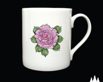 G: kroningsroos, bloem, bloemen, tuinieren, volkstuin, tuinman, geïnspireerd, tuin, Geïllustreerd - Fijn beenderporselein - Mok