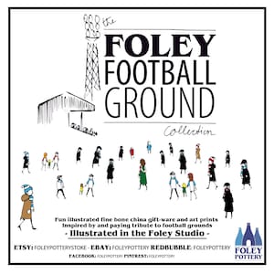 May include: Black and white illustration of a football stadium with a tall tower and a crowd of people. The text "FOLEY FOOTBALL GROUND Collection" is written in black letters on a white background.