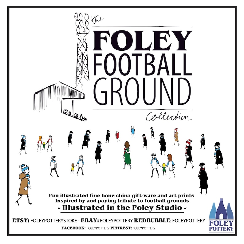 May include: Black and white illustration of a football stadium with a tall tower and a crowd of people. The text "FOLEY FOOTBALL GROUND Collection" is written in black letters on a white background.