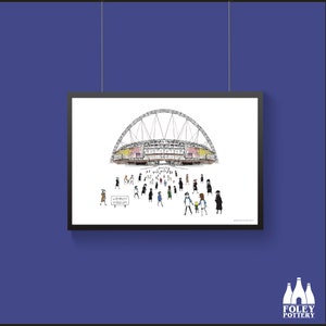 May include: A black and white illustration of Wembley Stadium with a crowd of people in front of it. The sign in front of the stadium reads "Wembley Stadium".