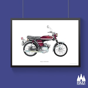 Könnte beinhalten: Ein rotes Vintage-Motorrad Yamaha mit einem verchromten Auspuff und schwarzen Rädern. Das Motorrad ist in einem detaillierten, realistischen Stil gezeichnet.