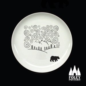 WM: Mountain, Bear, Forest, Woods, Trees, Outdoors - Inspired - Illustrated - Fine bone China Plate