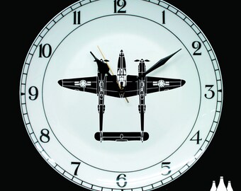 APC: P38 Lightning, Aeroplane, Aviation, Inspired, illustrated - Tribute - Fine Bone China - Clock