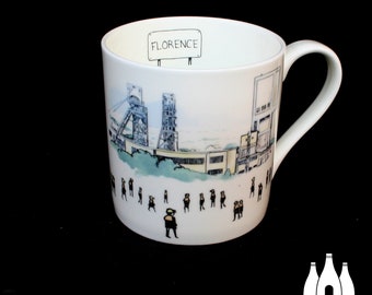 COL: Mina Florence Colliery - North Staffordshire - Día de trabajo - Longton - Cabezal de producción - Ilustrado - Taza de porcelana fina