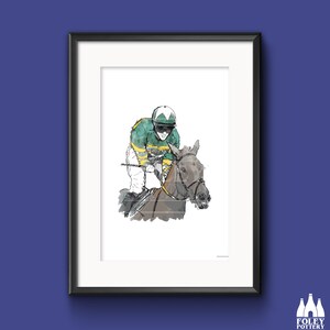 May include: A framed black and white illustration of a jockey riding a horse. The jockey is wearing a green and yellow racing suit and a white helmet. The horse is brown and white.