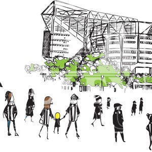 Peut inclure: Une illustration en noir et blanc de personnes marchant vers un grand stade. Le stade a un grand toit ouvert et est entour&eacute; d'arbres. Les personnes portent des v&ecirc;tements vari&eacute;s, y compris des chapeaux, des manteaux et des &eacute;charpes.
