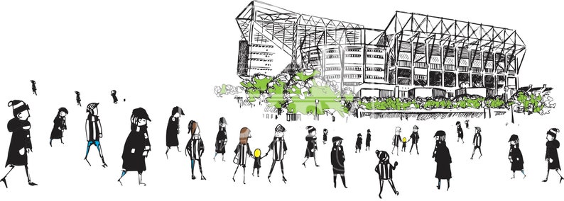 Peut inclure: Une illustration en noir et blanc de personnes marchant vers un grand stade. Le stade a un grand toit ouvert et est entour&eacute; d'arbres. Les personnes portent des v&ecirc;tements vari&eacute;s, y compris des chapeaux, des manteaux et des &eacute;charpes.