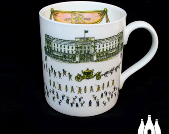 QPJ: Queen&#39;s Platinum Jubilee - Buckingham Palace - Parade - Crown - Fun Illustrated - Tribute  - Fine Bone China Hanley Mug