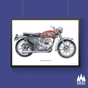 Könnte beinhalten: Eine Schwarzweiß-Zeichnung einer roten Matchless G12 600cc-Motorrad aus dem Jahr 1961. Das Motorrad ist realistisch gezeichnet mit Details wie Motor und Rädern.