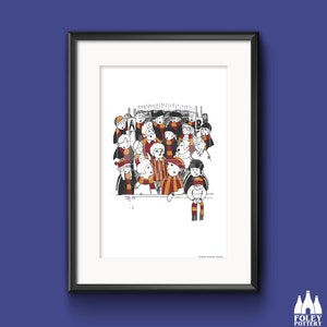 Può includere: Illustrazione in bianco e nero di un gruppo di persone che indossano sciarpe rosse e arancioni. Le persone sono in piedi in fila e sembrano tifare. L'illustrazione è incorniciata in una cornice nera.