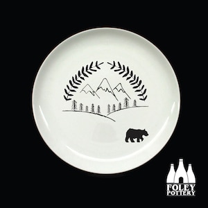 WM: Mountain, Bear, Forest, Woods, Trees, Outdoors,  inspired, Illustrated - Fine bone China Plate