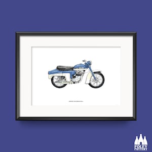 Könnte beinhalten: Eine Schwarzweiß-Zeichnung eines blau-weißen Motorrads. Das Motorrad ist eine Norton 1960 'F1' Einzylinder.
