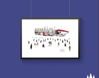 May include: A framed art print featuring a stylized illustration of a stadium with a red roof and a crowd of people. The print includes the text "Bramall Lane" and is set against a blue background.