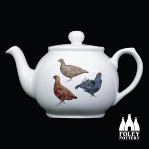 May include: White ceramic teapot featuring a design of three birds in brown, grey and blue. The teapot has a round body with a spout on the left and a handle on the right. The birds are depicted in a stylised manner. The teapot is made by Foley Pottery.